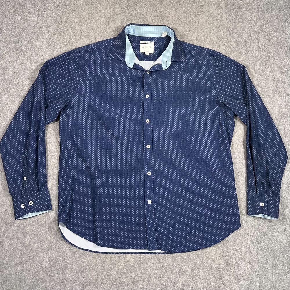 CON.STRUCT Navy Blue Microdot 4-Way Stretch Slim Fit Shirt Men's Size Large